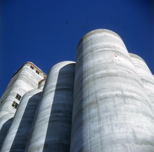 This extreme view shows the elevator before painting. The individual pours can be seen in the drawform walls of the bins. Note the man leaning out of the window opening on the left.