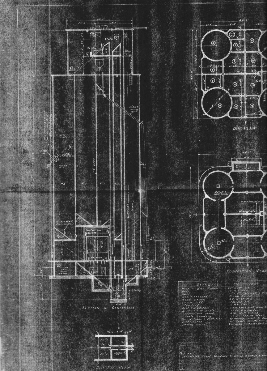 Drawings for a 100,000- to 129,000-bushel grain elevator with detailed ...